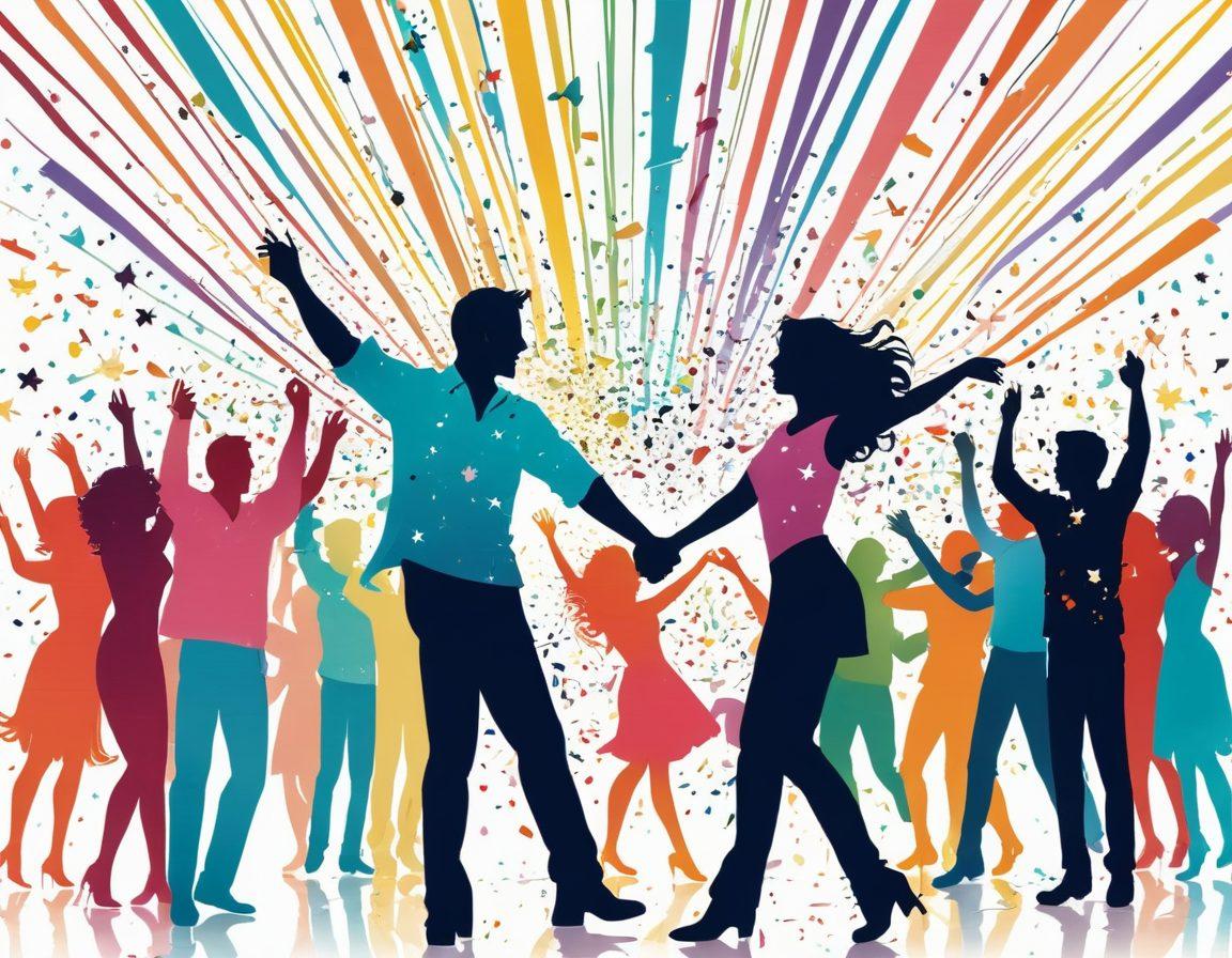 A vibrant, whimsical collage depicting joyful moments in adult films, featuring abstract representations of happiness and freedom, soft pastel colors, silhouettes of playful couples dancing, a burst of confetti in the background, and sparkling stars. The overall mood is light-hearted and uplifting. vector art. cheerful colors. white background.