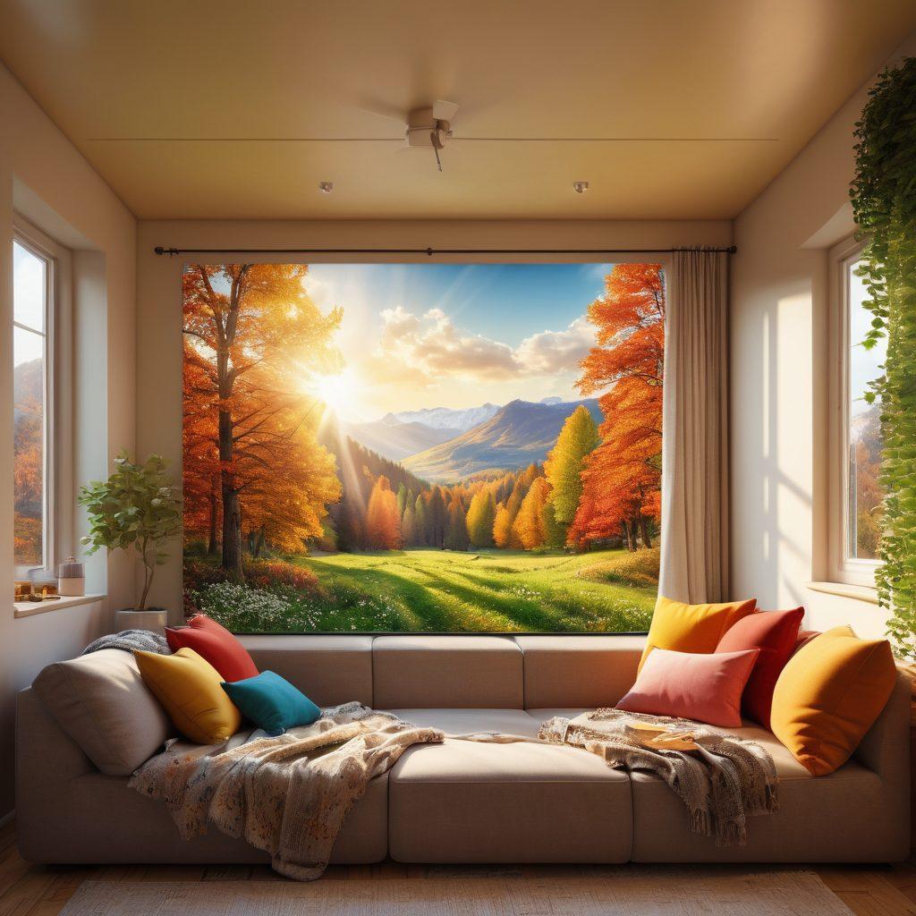 A serene living room with a cozy sofa, large screen showing a vibrant HD video of a nature landscape, gentle sunlight streaming through the windows, a person sitting comfortably with a joyful expression, surrounded by popcorn and warm blankets, conveying a sense of blissful relaxation. super-realistic. vibrant colors. warm lighting.